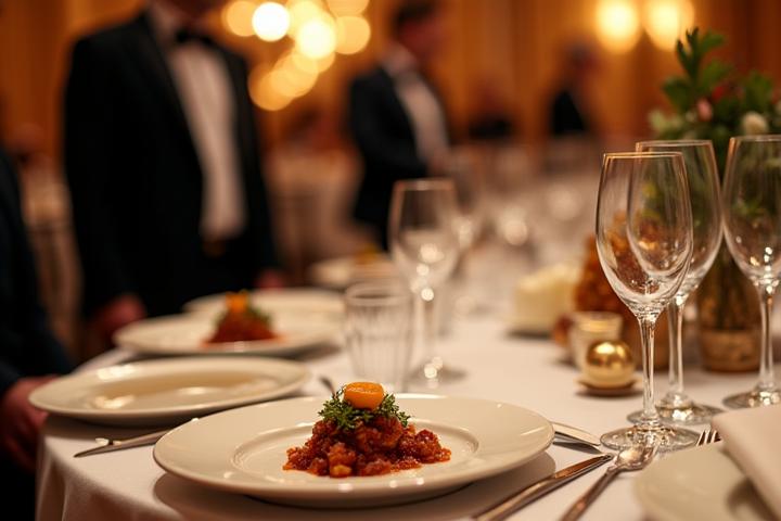 Événement de gala d'entreprise avec des invités élégants et un service traiteur impeccable