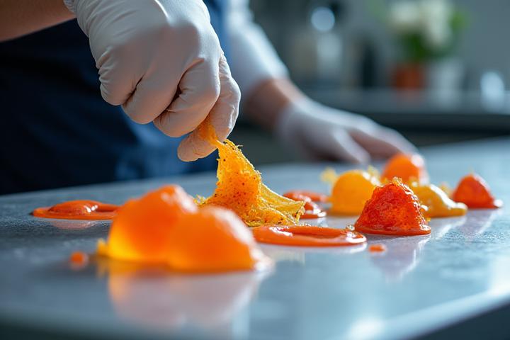 Jeune chef utilisant des techniques de cuisine moléculaire pour un plat innovant