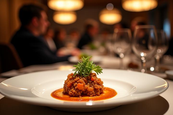 Chef de cuisine inspectant un plat gourmet finement dressé dans un restaurant étoilé