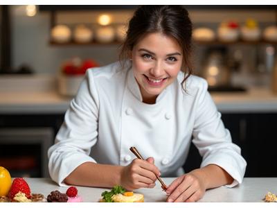 Portrait de Sophie Blanc, Chef Pâtissière, décorant une pièce montée